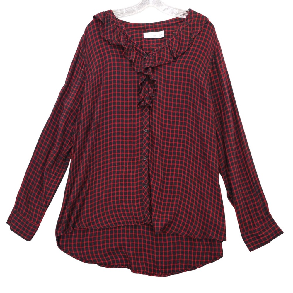 Time and Tru XXL Red Black Plaid Ruffle Long Sleeve Button Up Blouse Top